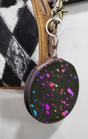 Rainbow Acid Wash Hair on Cowhide Round Clip Key-chain Wallet Pouch #3